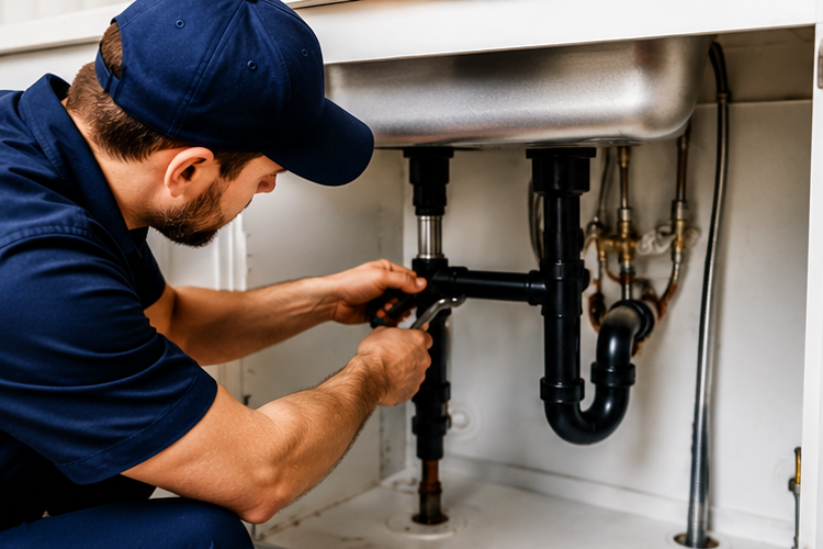 plumbing -service Professional plumber repairing residential plumbing system in a family home