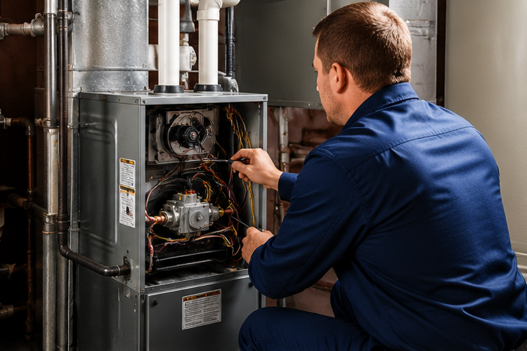 heating-service Technician installing a residential hot water tank