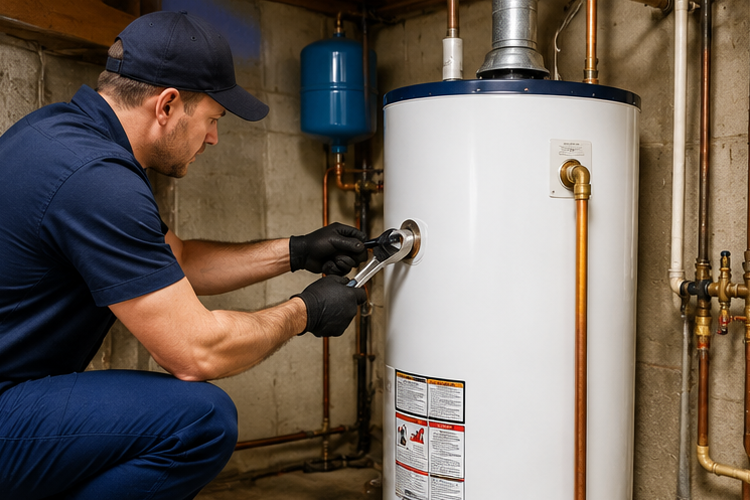 Our-service-3 Technician maintaining a residential boiler heating system